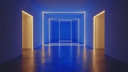 Neon hallway, blue light, doors, future