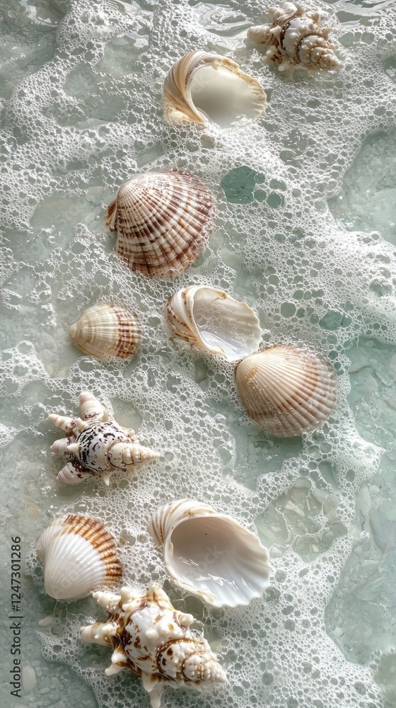 Poster Seashells of various shapes and sizes lay scattered on a sandy shore, partially submerged in gentle waves. Sunlight glitters on water, creating a serene coastal atmosphere