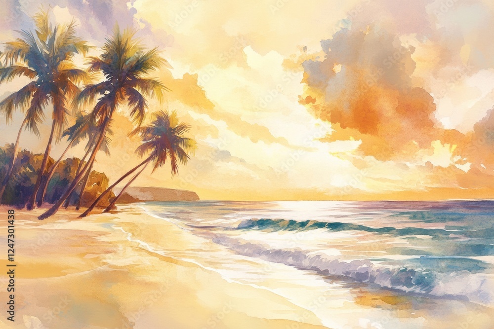 Poster Serene sunset at the beach with palm trees and gentle waves in a watercolor style. Generative AI