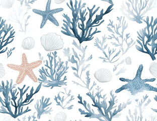 Beautiful underwater scene featuring coral and seashells in blue tones. design includes starfish and various coral shapes, creating serene oceanic atmosphere
