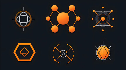 Modern Abstract Geometric Design: Symmetrical Shapes, Nodes, Lines, and Dots in Orange and Black - A Futuristic Visual Art Illustration of Network and Technology Concepts