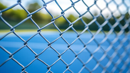 Fototapeta premium A silver chain-link fence stands in focus, symbolizing boundaries and separation, while a blurred, empty blue tennis court under a cloudy sky evokes a sense of solitude and stillness.