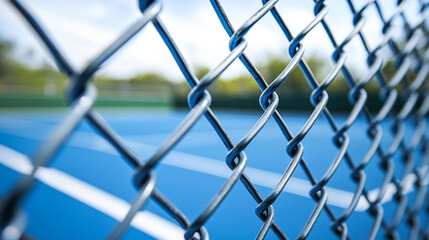 Fototapeta premium A silver chain-link fence stands in focus, symbolizing boundaries and separation, while a blurred, empty blue tennis court under a cloudy sky evokes a sense of solitude and stillness.