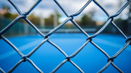 Fototapeta premium A silver chain-link fence stands in focus, symbolizing boundaries and separation, while a blurred, empty blue tennis court under a cloudy sky evokes a sense of solitude and stillness.