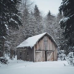 Winter landscape with old wooden house in the forest. Vintage style.