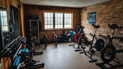 Interior of gym with sports equipment, bicycle and mirror
