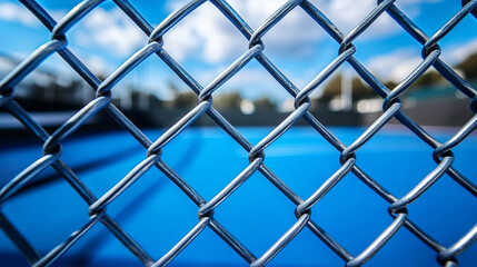 Fototapeta premium A silver chain-link fence stands in focus, symbolizing boundaries and separation, while a blurred, empty blue tennis court under a cloudy sky evokes a sense of solitude and stillness.