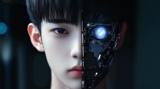 Portrait of an asian man with half robotic face highlights the intersection of technology and humanity