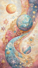 vibrant cosmic scene featuring swirling galaxies, colorful planets, and sparkling stars. artwork blends soft pastel colors with intricate patterns, evoking sense of wonder and tranquility