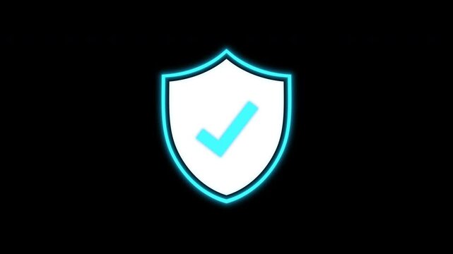 An animated reveal of a glowing shield icon that includes a checkmark, set against a black background with an alpha channel.