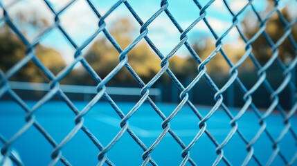Fototapeta premium A silver chain-link fence stands in focus, symbolizing boundaries and separation, while a blurred, empty blue tennis court under a cloudy sky evokes a sense of solitude and stillness.