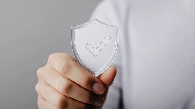 Protected and Secure: A hand confidently holds a clear shield with a checkmark, symbolizing trust, safety, and reliability. This powerful image conveys a sense of security and confidence.