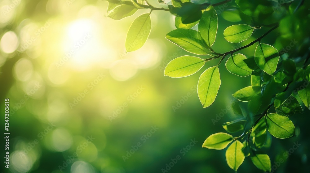Poster vibrant green leaves shimmering under sunlight in a tranquil natural setting during morning hours. g
