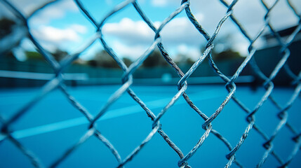 Fototapeta premium A silver chain-link fence stands in focus, symbolizing boundaries and separation, while a blurred, empty blue tennis court under a cloudy sky evokes a sense of solitude and stillness.