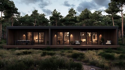 Obraz premium Modern cabin rentals, forest setting, evening lighting, nature background, vacation