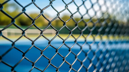 Fototapeta premium A silver chain-link fence stands in focus, symbolizing boundaries and separation, while a blurred, empty blue tennis court under a cloudy sky evokes a sense of solitude and stillness.
