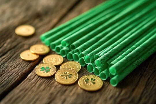 Green plastic shamrocks with gold coins for good luck at St. Patrick's Day events.
