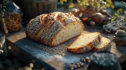 Rustic whole grain bread with sesame seeds on wooden board, fresh homemade loaf