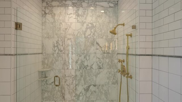 Modern bathroom shower area with luxurious design. Shower features marble tiles on walls and floor with glass door and gold colored fixtures including shower head and handles