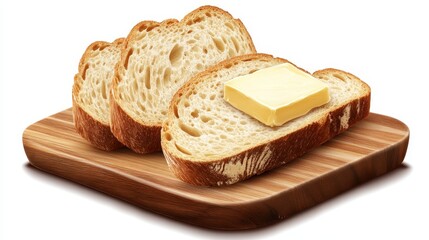 Whole wheat sliced bread with butter on wooden board, simple and rustic breakfast