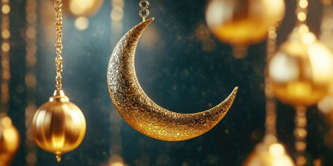 Ceiling ornament with moon and stars motif, hanging from chain against black background with golden ornaments suspended in the air. Decorative golden moons with shiny surfaces and white accents.