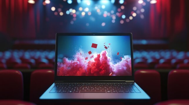 Abstract laptop movie theater with tocket launching off screen, Entrepreneurship concept. 3D Rendering
