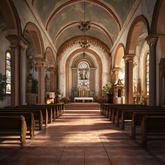 Obraz premium Church Interior with Rows of Empty Wooden Pews