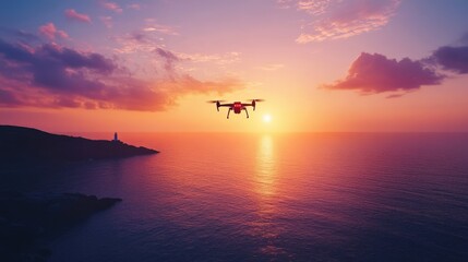 Obraz premium Drone Flying Over Sunset View Near Cliff and Lighthouse Above Calm Ocean Waves