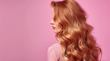 Naklejka premium Wavy blonde hair, Woman side profile, Pink background, Shiny healthy waves, Natural hairstyle, Beauty portrait, Modern hair trend, Elegant hair model