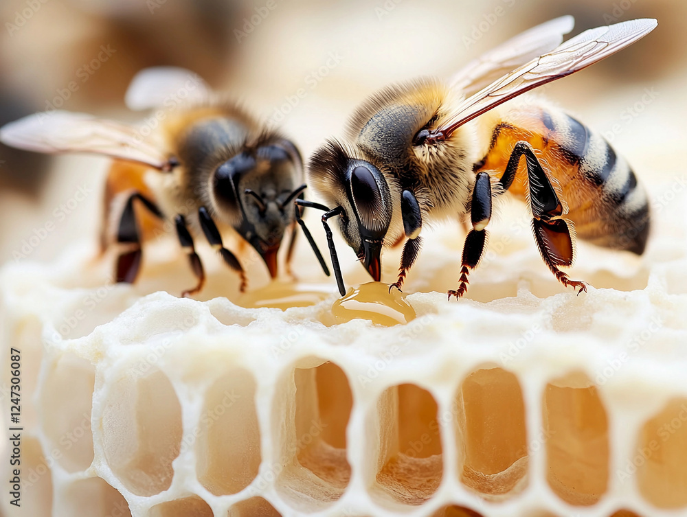 Poster close-up view of bees working on honeycombs showing intricate details of their activity and structur
