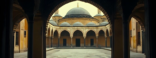 A cinematic still of the exterior view from inside the Blue Mosque

