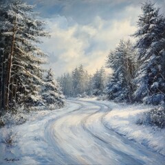 Obraz premium Winter landscape with a road through the snowy forest. Original painting.