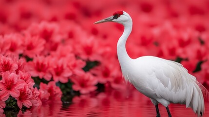 Serene Japanese Garden in Spring Filled with Vibrant Blooms and Elegant Crane