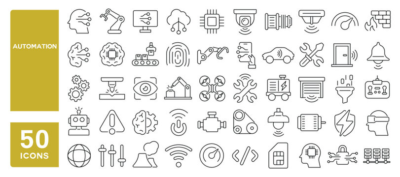 Set of 50 line icons related to automation, technology, artificial, intelligence, machinery, industry, sensor, system, robotic, data, circuit, Editable stroke. Vector illustration