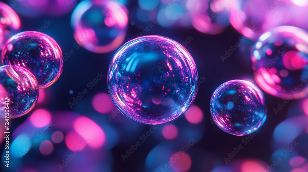Poster colorful bubbles floating in neon hues create an enchanting display against a dark background during