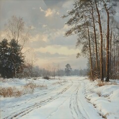 Obraz premium Winter landscape with road in the forest and trees in hoarfrost
