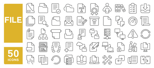 Set of 50 line icons related to file, document, download, form, paper, page, template, information, data, send, archive, folder, Editable stroke. Vector illustration