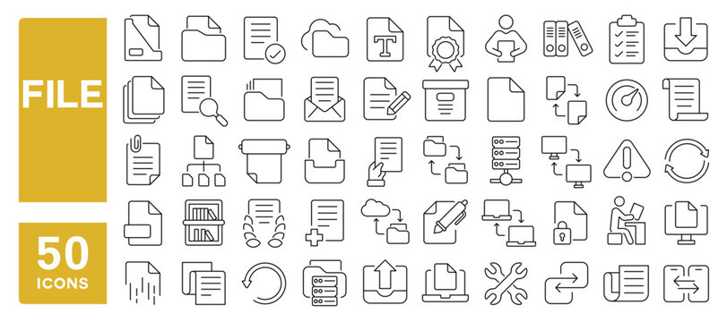 Set of 50 line icons related to file, document, download, form, paper, page, template, information, data, send, archive, folder, Editable stroke. Vector illustration