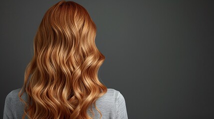 Fototapeta premium Back view of woman with strawberry blonde wavy hair, rich soft curls with golden tones, voluminous hairstyle with warm highlights and elegant flowing texture