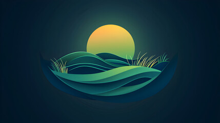 Abstract Landscape Design: Modern Sunset Waves Illustration in Teal and Yellow - A Peaceful and Serene Graphic Art Reflecting Nature's Beauty, Cool-Toned Atmosphere with Gradient Layers and Contours