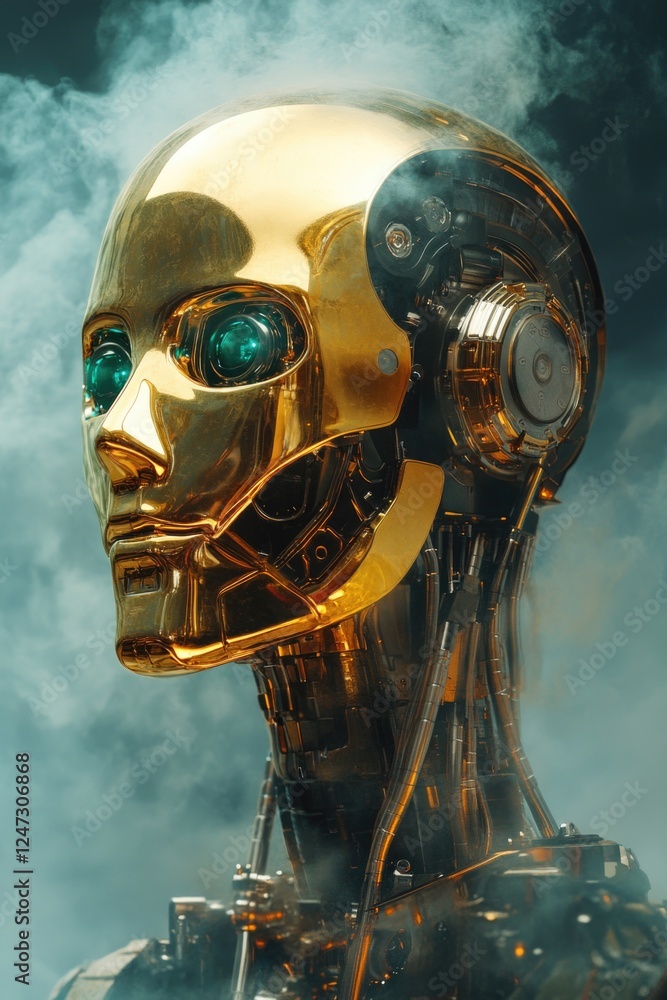 Poster advanced gold robot head with blue eyes and mechanical components, representing the future of artifi