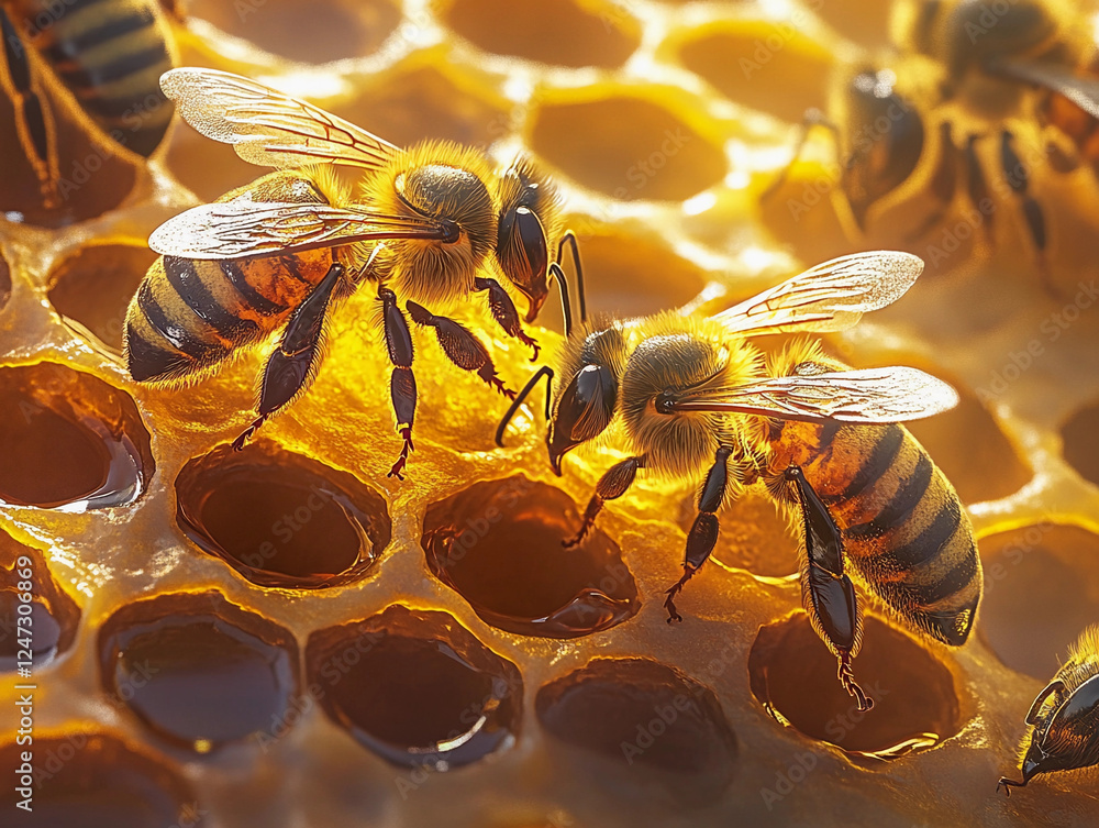 Poster close-up view of honeybees working on honeycombs during daylight, showcasing intricate details of th