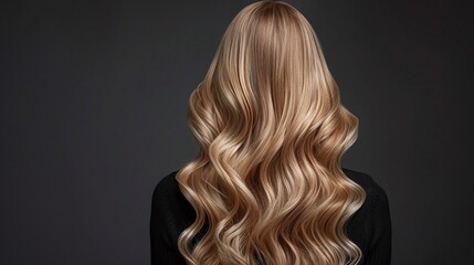 Fototapeta premium Back portrait of woman with golden blonde wavy hair, soft curls with volume and shine, luxurious hairstyle with rich texture, dark studio background
