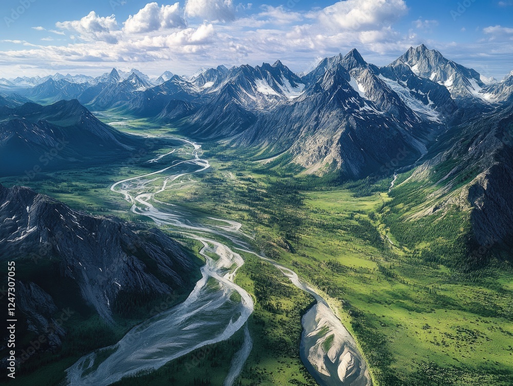 Poster a mountain range with a river running through it. the mountains are covered in snow and the river is