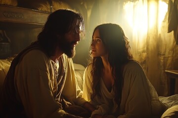 Two people sharing a heartfelt conversation in soft lighting