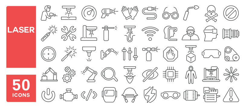 Set of 50 line icons related to laser, machine, cnc, printer, cutter, light, weld, contour, radiation, optical, plasma, removal, flash, engrave, Editable stroke. Vector illustration