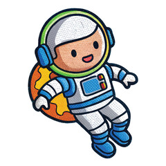 A colorful embroidered patch of a cute astronaut floating in space with a tiny Earth in the background