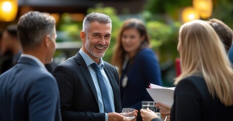 Business professionals networking at an outdoor event, engaging in conversation and enjoying refreshments.