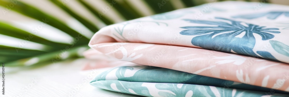 Poster bright and colorful tropical patterns on lightweight summer fabrics arranged near a green palm leaf 