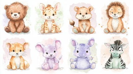 Obraz premium Cute wild woodland baby animal faces in pastel color vector illustration. Baby shower and nursery art animal set including a bear, tiger, lion, rabbit, giraffe, zebra, crocodile, fox, hippo and monkey